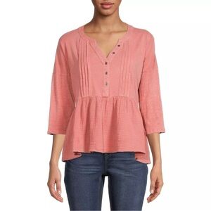 NWT Time and Tru 3/4 Sleeve Mixed Media Peplum Top Coral/Pink Size Small